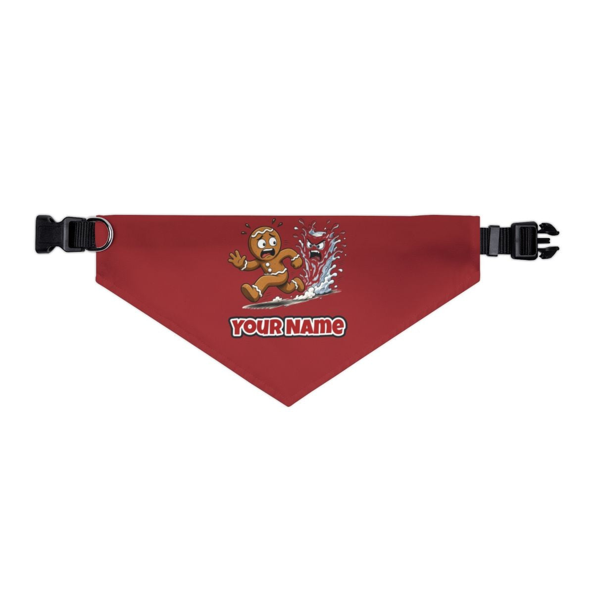 Run, Gingerbread, Run personalised Christmas pet bandana in red, collar with buckle