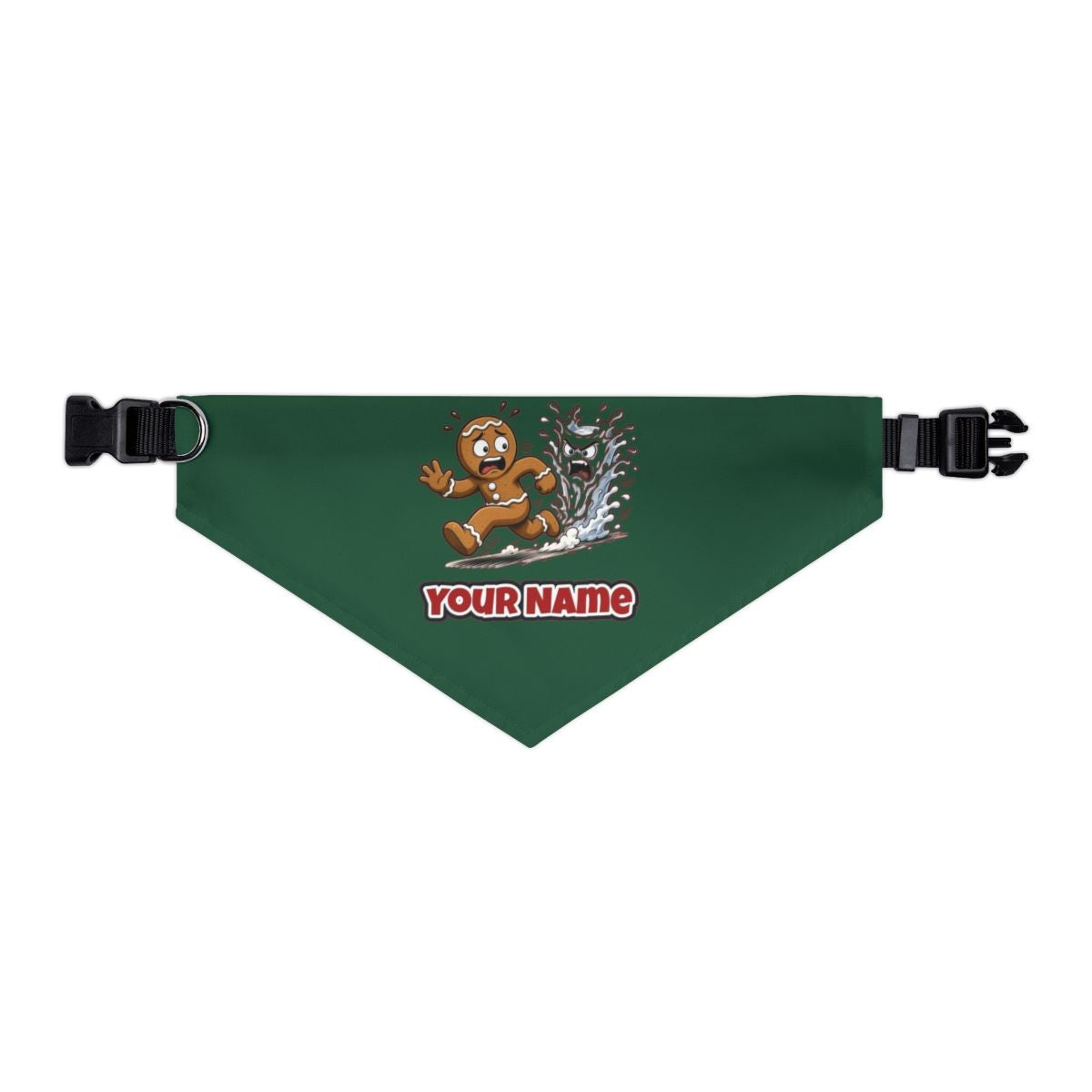 Run, Gingerbread, Run personalised Christmas pet bandana in green, collar with buckle