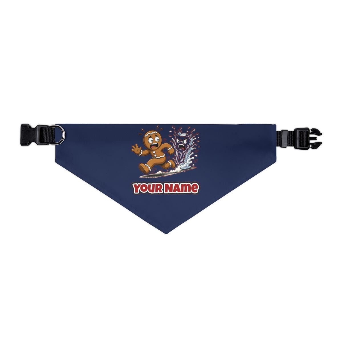 Run, Gingerbread, Run personalised Christmas pet bandana in navy, collar with buckle