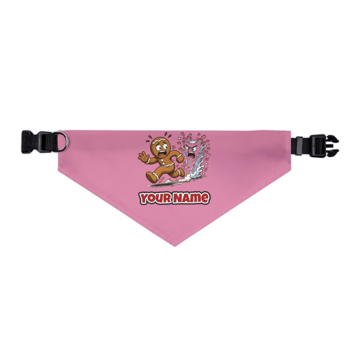 Run, Gingerbread, Run personalised Christmas pet bandana in pink, collar with buckle