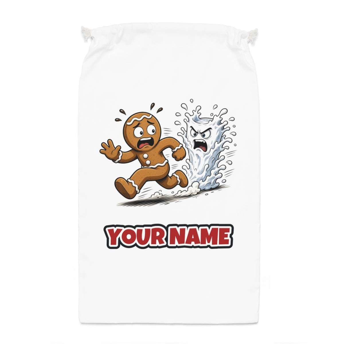 Run, Gingerbread, Run Santa sack laid flat, showing the full print
