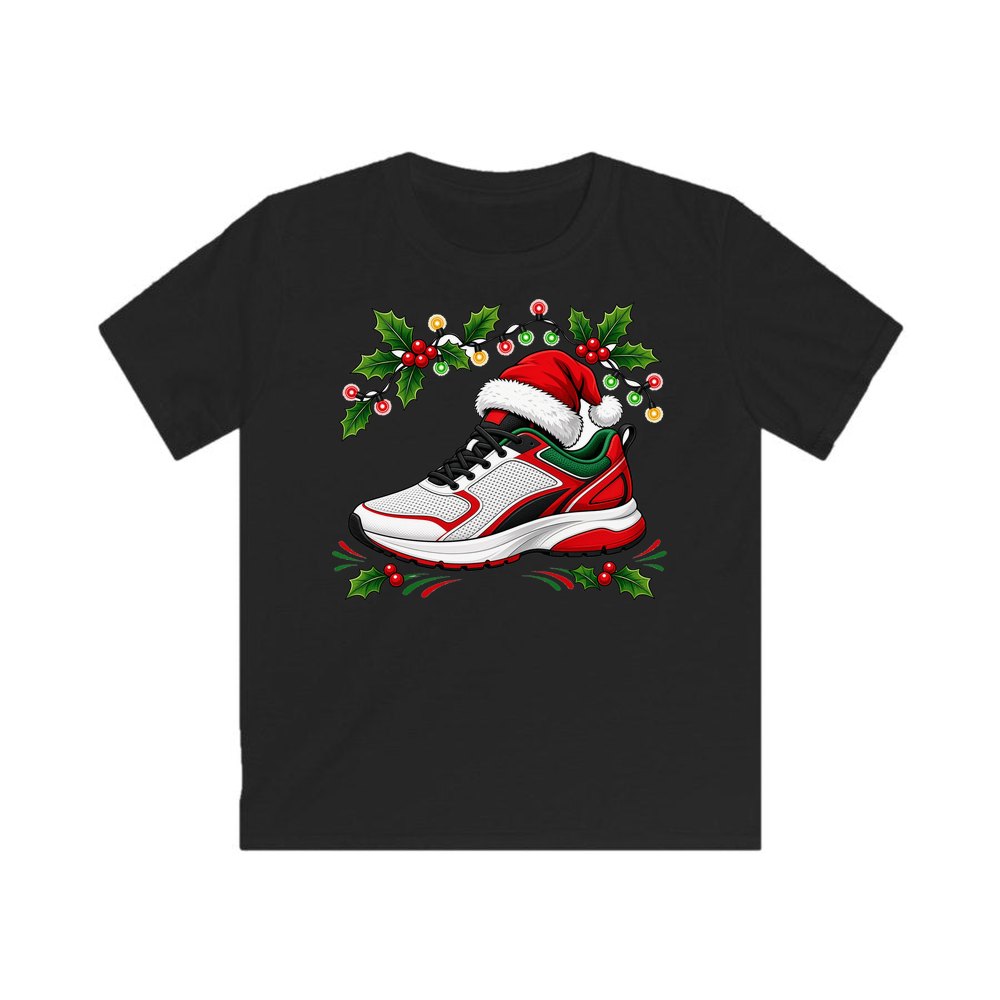 Running Shoe In Santa Hat personalised kids Christmas tee in black