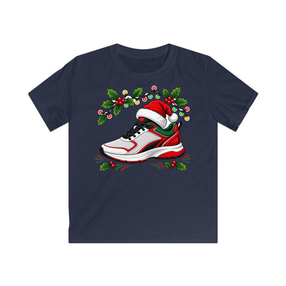 Running Shoe In Santa Hat personalised kids Christmas tee in navy