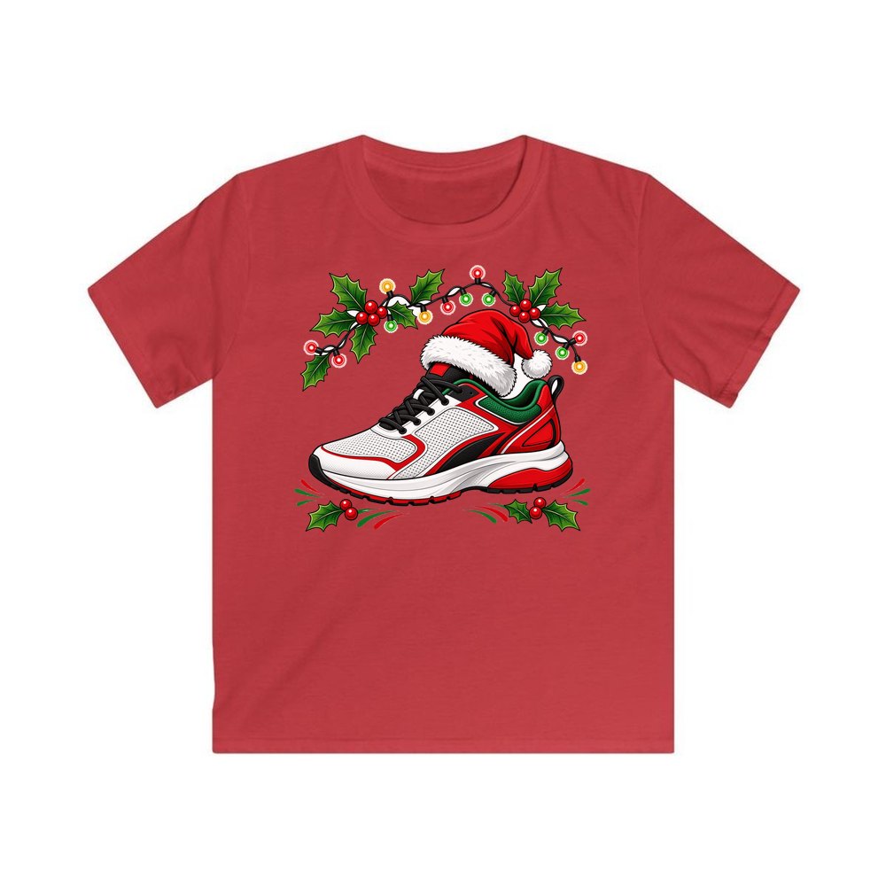 Running Shoe In Santa Hat personalised kids Christmas tee in red