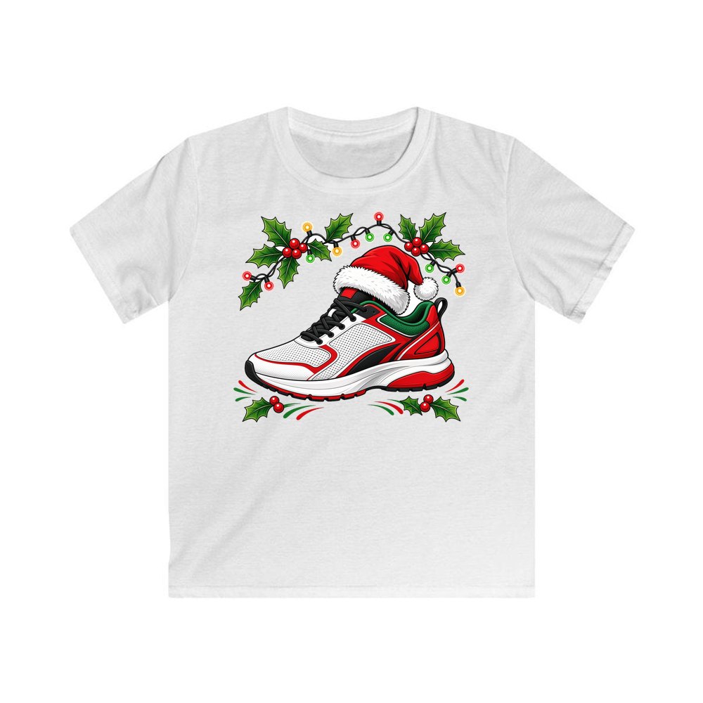 Running Shoe In Santa Hat personalised kids Christmas tee in white