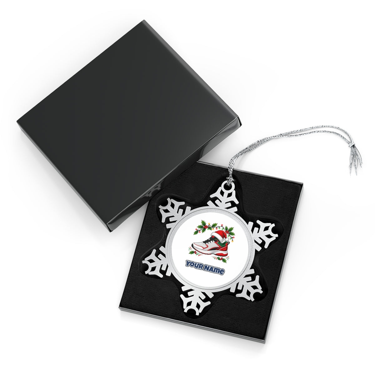 Running Shoe In Santa Hat Personalised Pewter Christmas Ornament