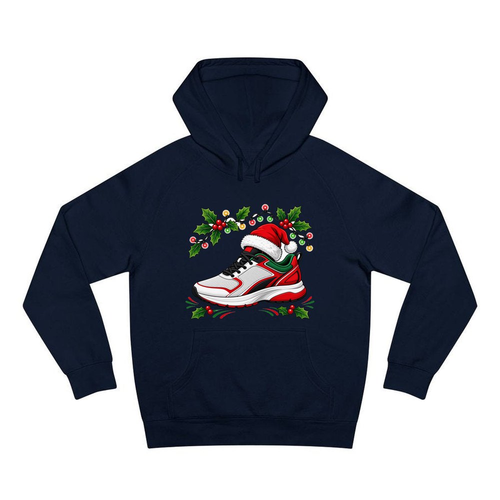Running Shoe In Santa Hat personalised Christmas hoodie in navy