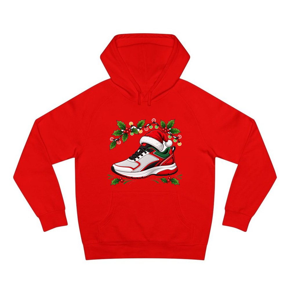 Running Shoe In Santa Hat personalised Christmas hoodie in red