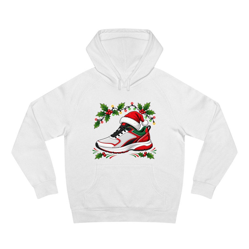 Running Shoe In Santa Hat personalised Christmas hoodie in white