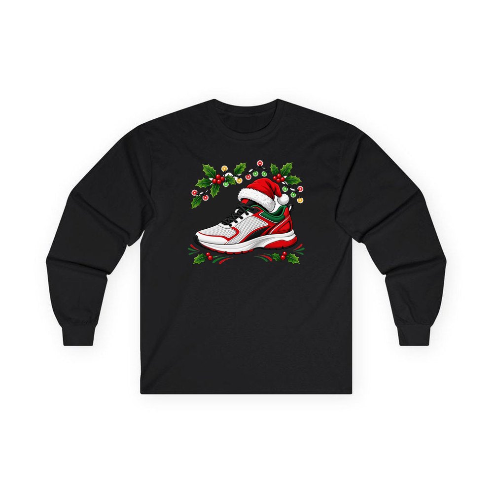 Running Shoe In Santa Hat personalised long sleeve Christmas T-shirt in black