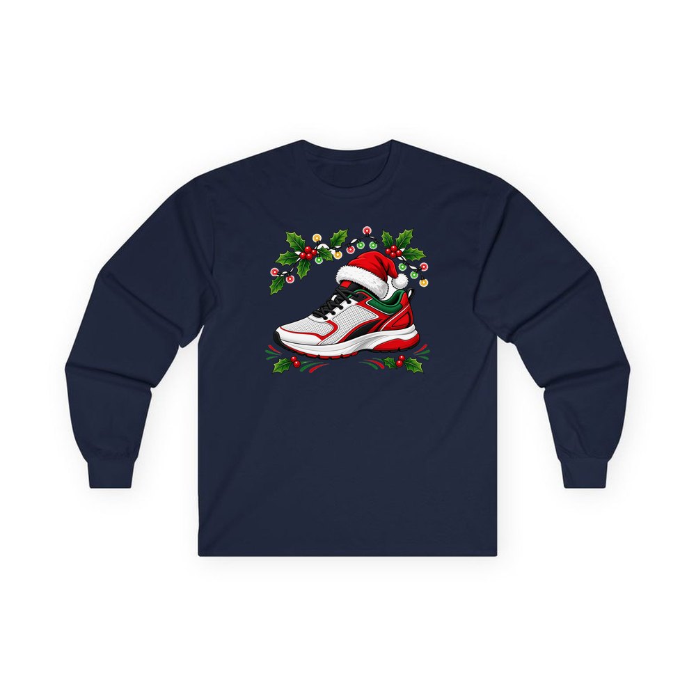 Running Shoe In Santa Hat personalised long sleeve Christmas T-shirt in navy
