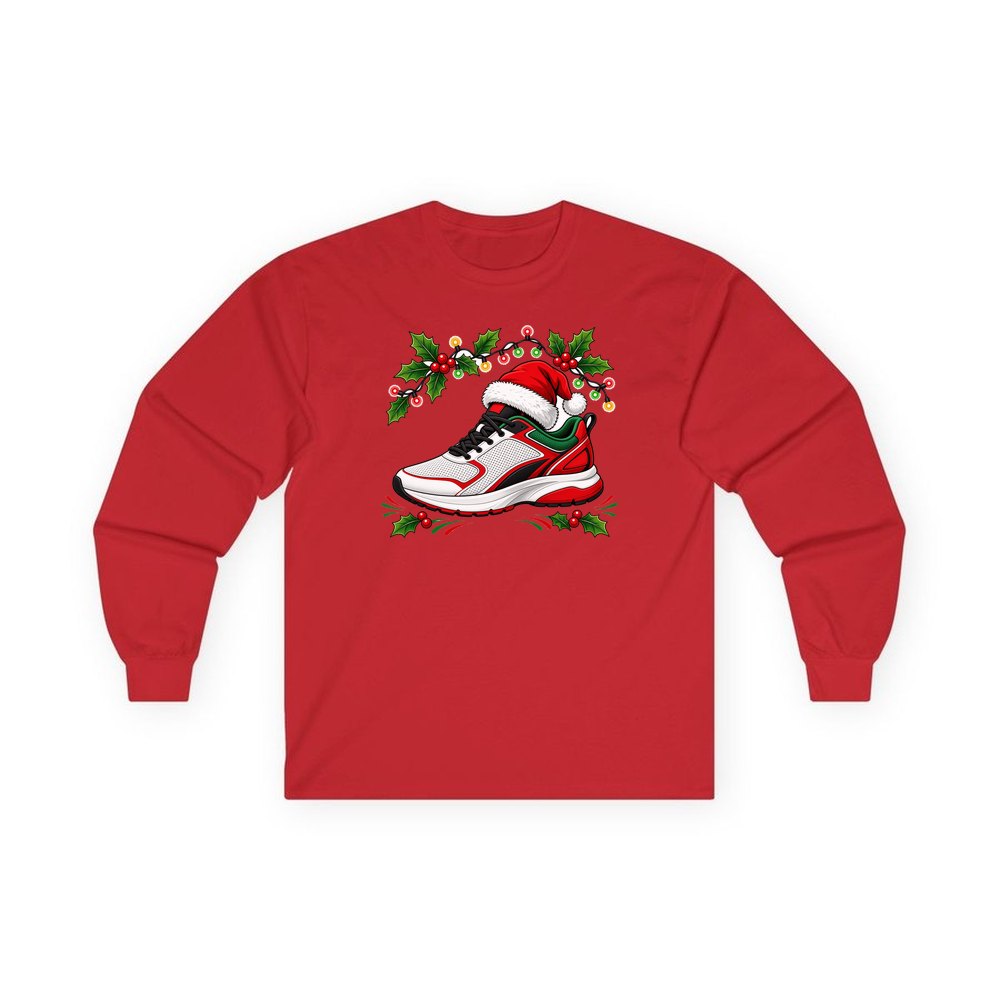 Running Shoe In Santa Hat personalised long sleeve Christmas T-shirt in red