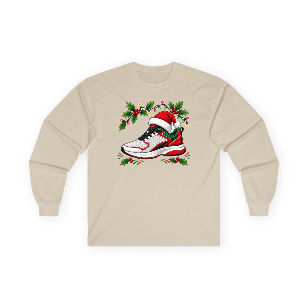 Running Shoe In Santa Hat personalised long sleeve Christmas T-shirt in sand