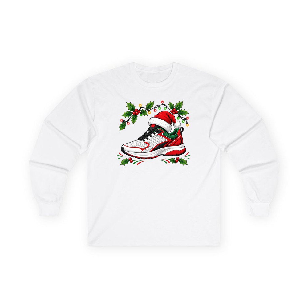 Running Shoe In Santa Hat personalised long sleeve Christmas T-shirt in white