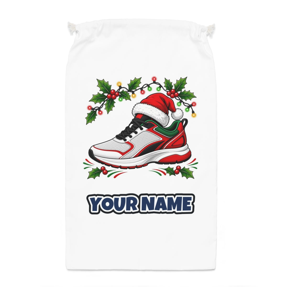 Running Shoe In Santa Hat Santa sack laid flat, showing the full print