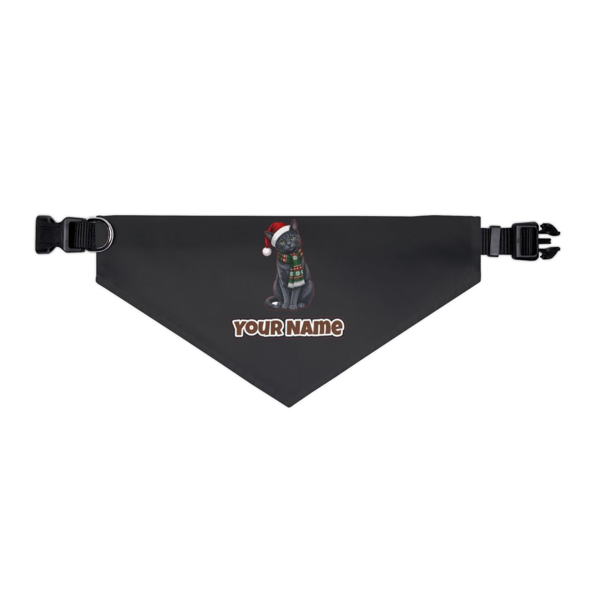 Russian Blue personalised Christmas pet bandana in black, collar with buckle