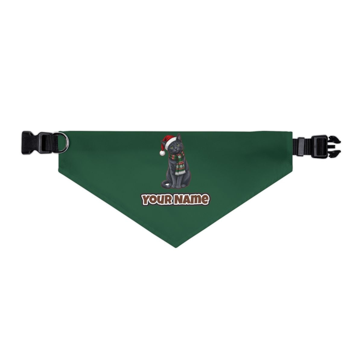 Russian Blue personalised Christmas pet bandana in green, collar with buckle