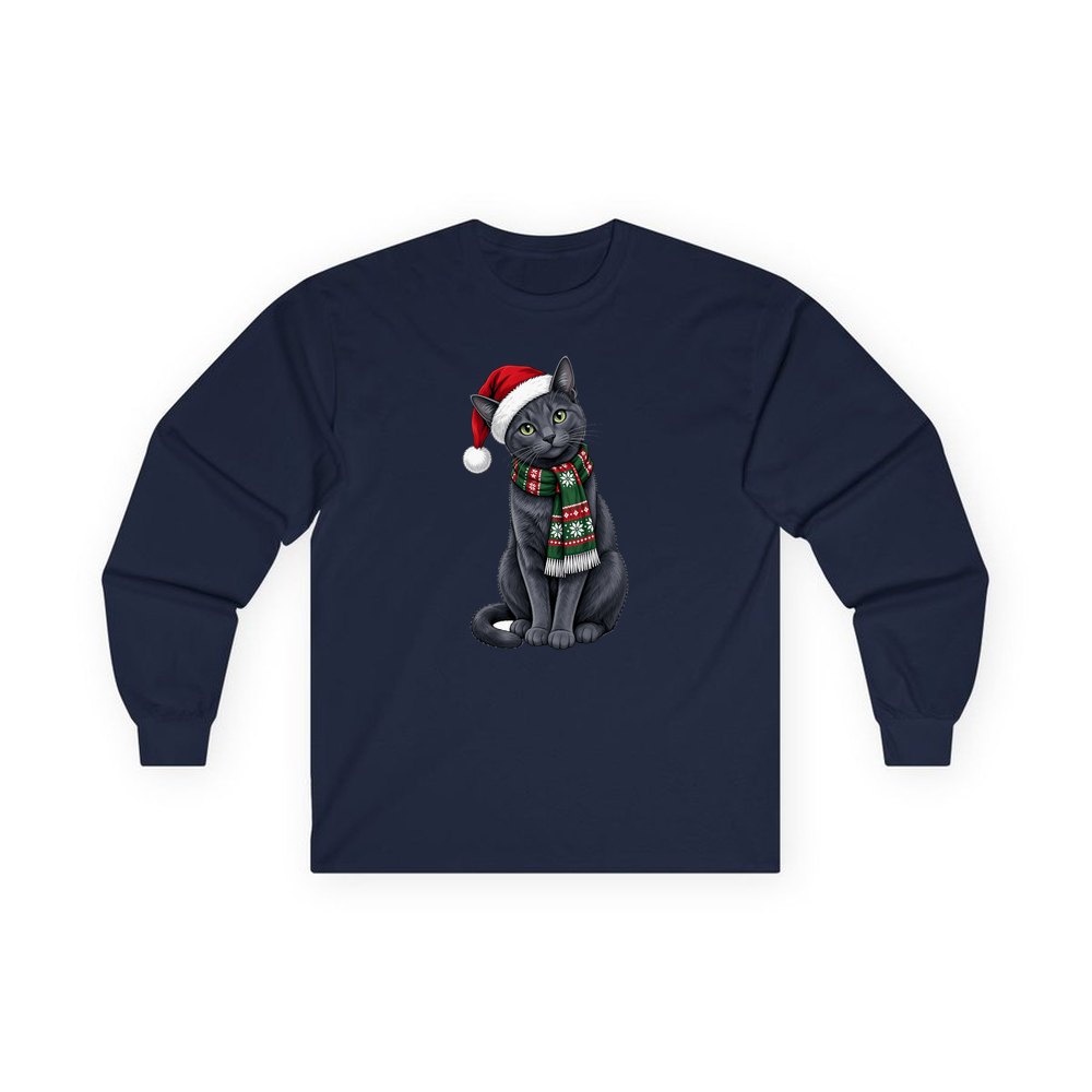 Russian Blue personalised long sleeve Christmas T-shirt in navy