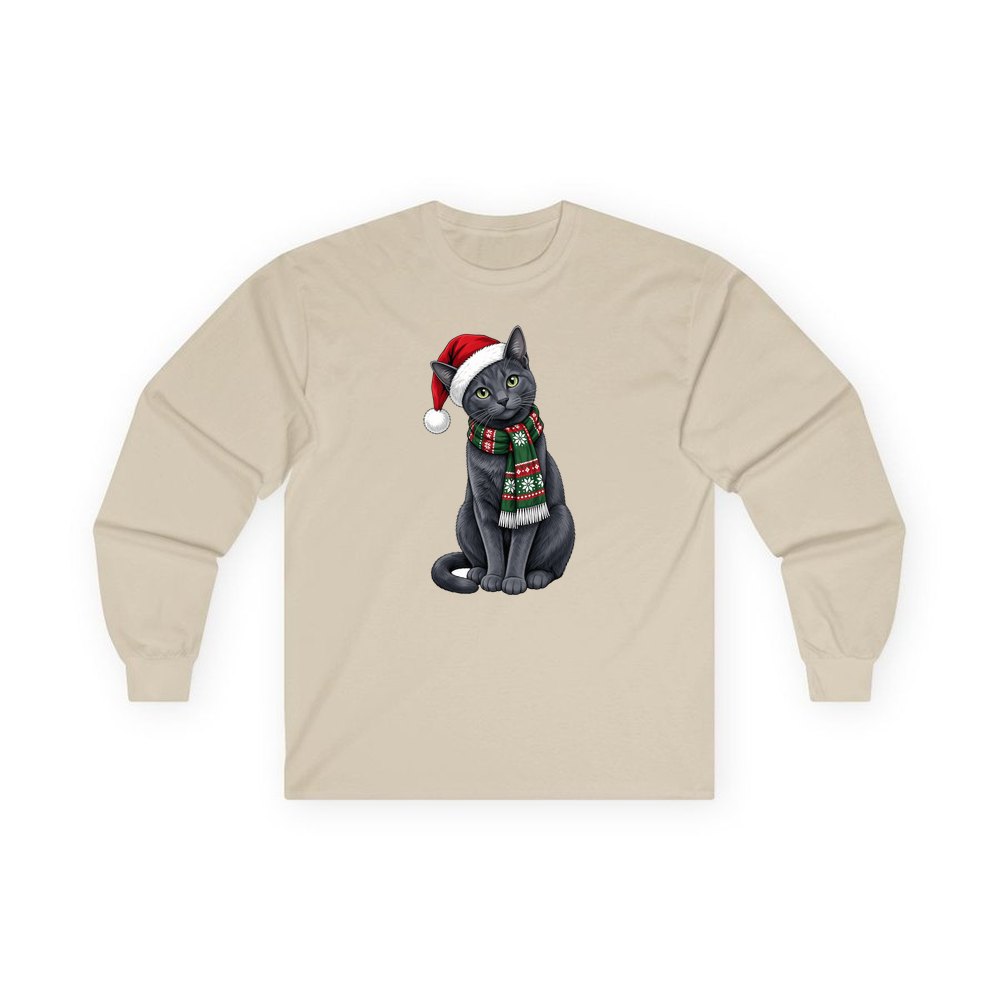 Russian Blue personalised long sleeve Christmas T-shirt in sand