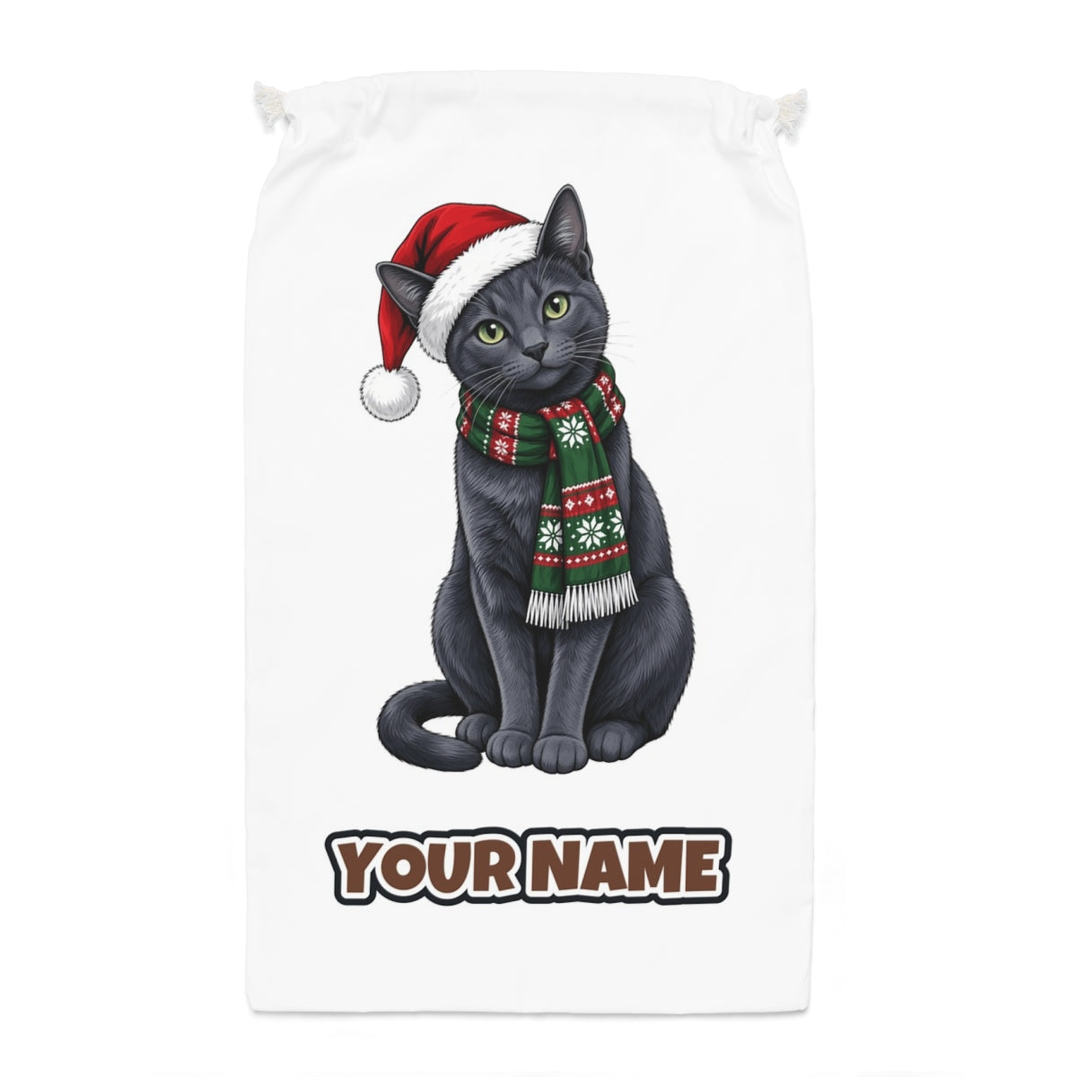 Russian Blue Santa sack laid flat, showing the full print
