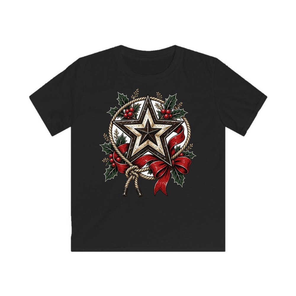 Rustic Barn Star And Rope personalised kids Christmas tee in black