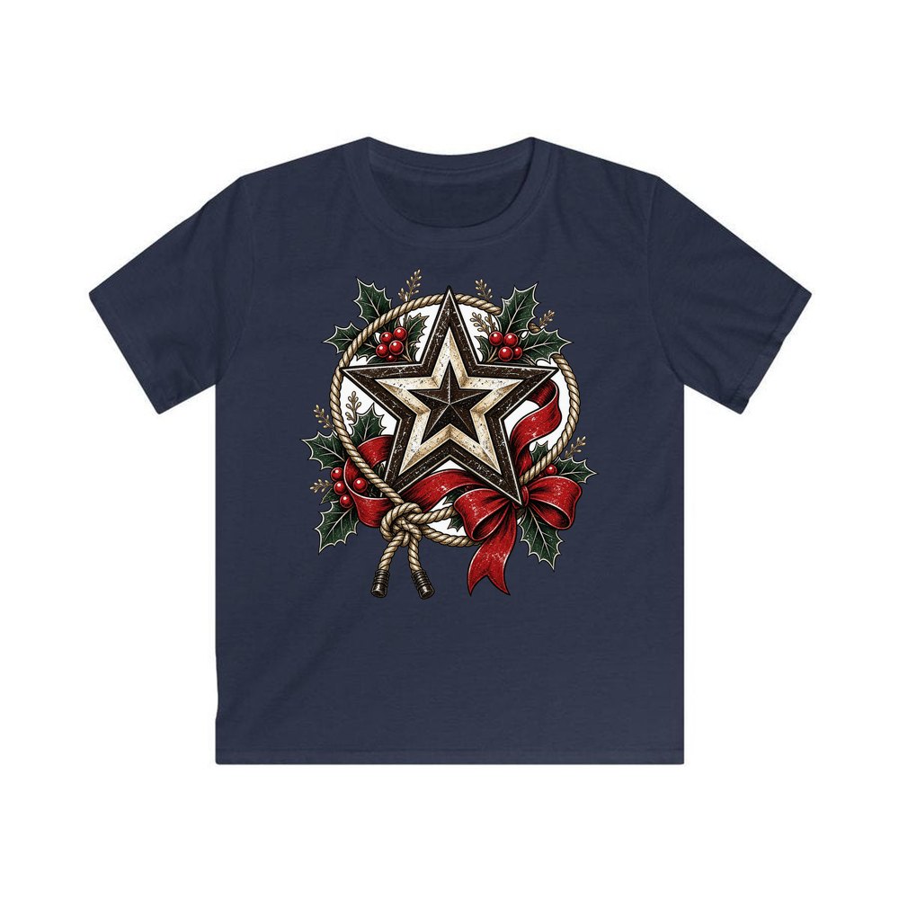 Rustic Barn Star And Rope personalised kids Christmas tee in navy