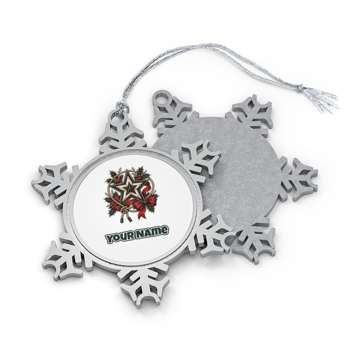 Rustic Barn Star And Rope Personalised Pewter Christmas Ornament