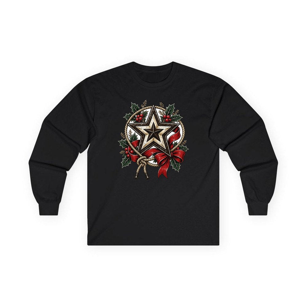 Rustic Barn Star And Rope personalised long sleeve Christmas T-shirt in black