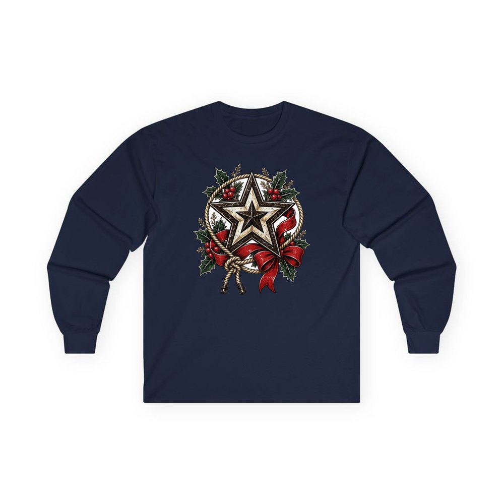 Rustic Barn Star And Rope personalised long sleeve Christmas T-shirt in navy
