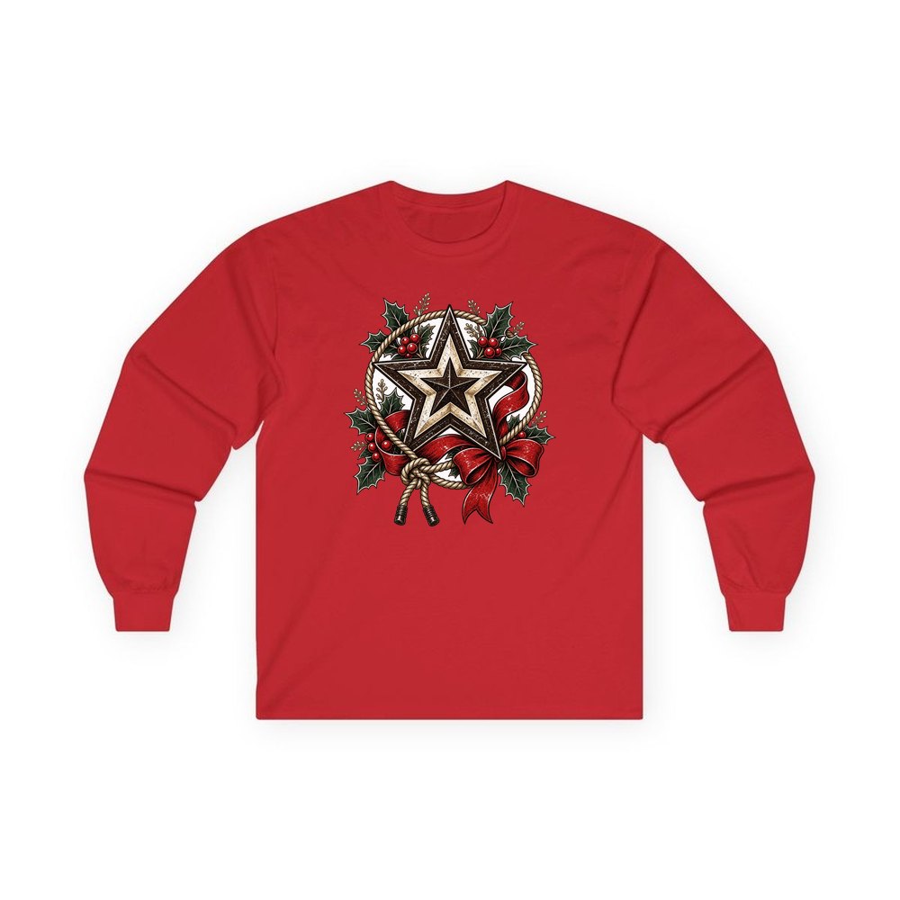 Rustic Barn Star And Rope personalised long sleeve Christmas T-shirt in red
