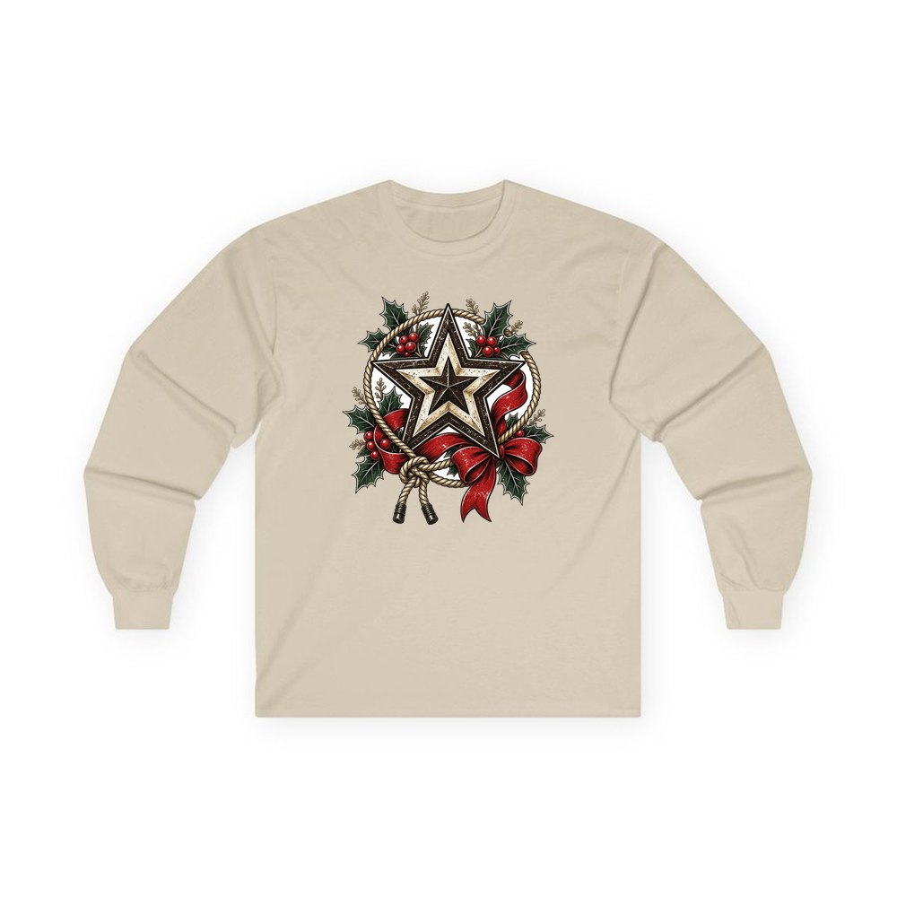 Rustic Barn Star And Rope personalised long sleeve Christmas T-shirt in sand