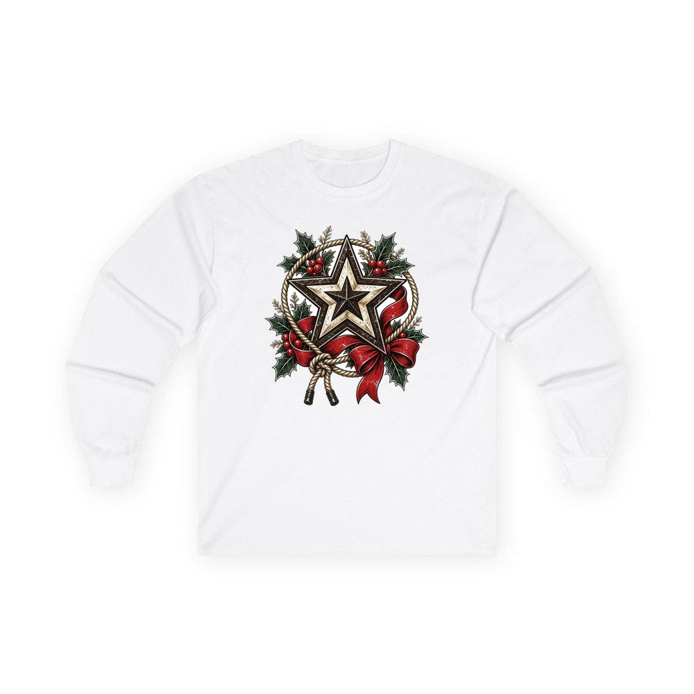 Rustic Barn Star And Rope personalised long sleeve Christmas T-shirt in white