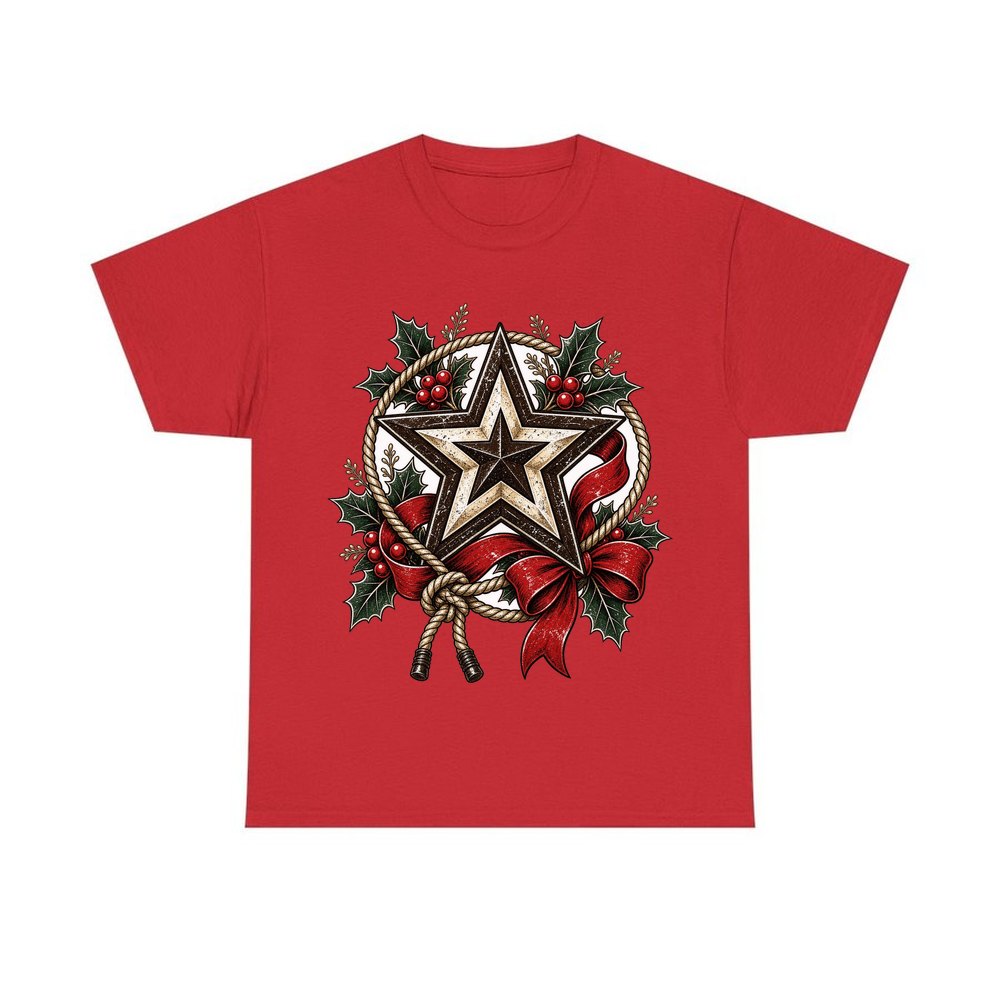Rustic Barn Star And Rope personalised Christmas T-shirt in red