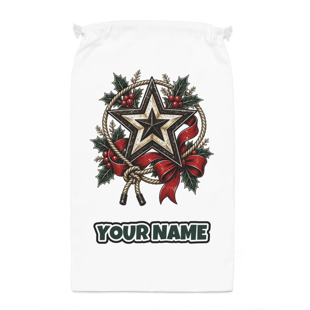 Rustic Barn Star And Rope Santa sack laid flat, showing the full print