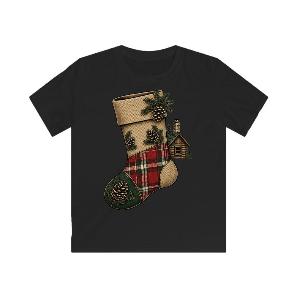 Rustic Hessian Stocking personalised kids Christmas tee in black