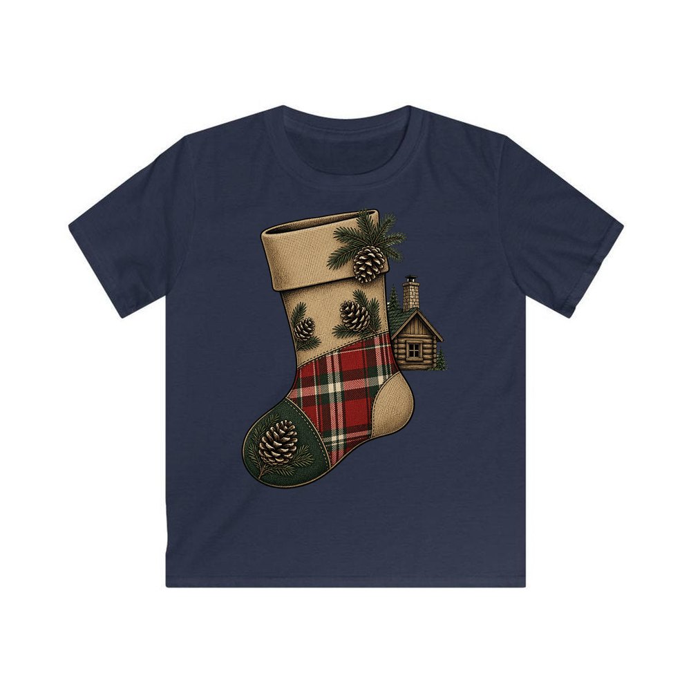 Rustic Hessian Stocking personalised kids Christmas tee in navy