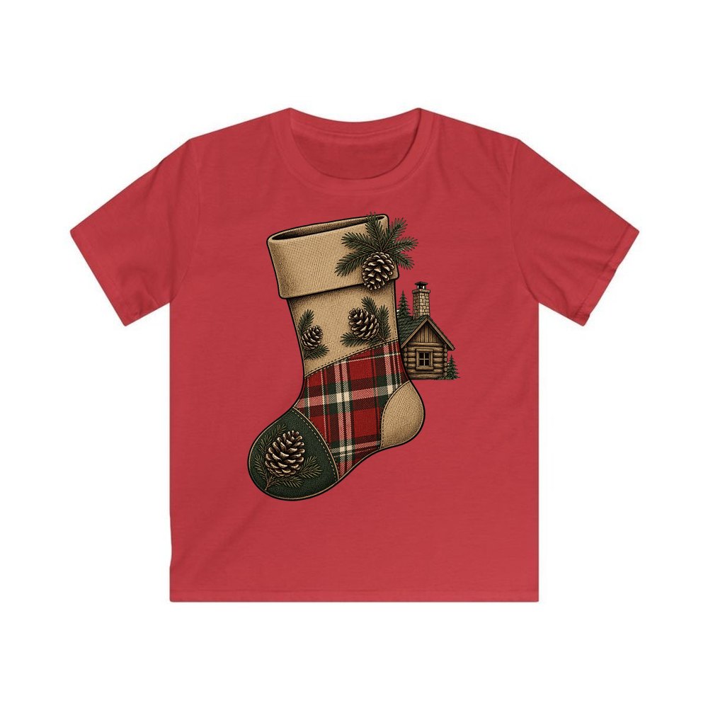 Rustic Hessian Stocking personalised kids Christmas tee in red