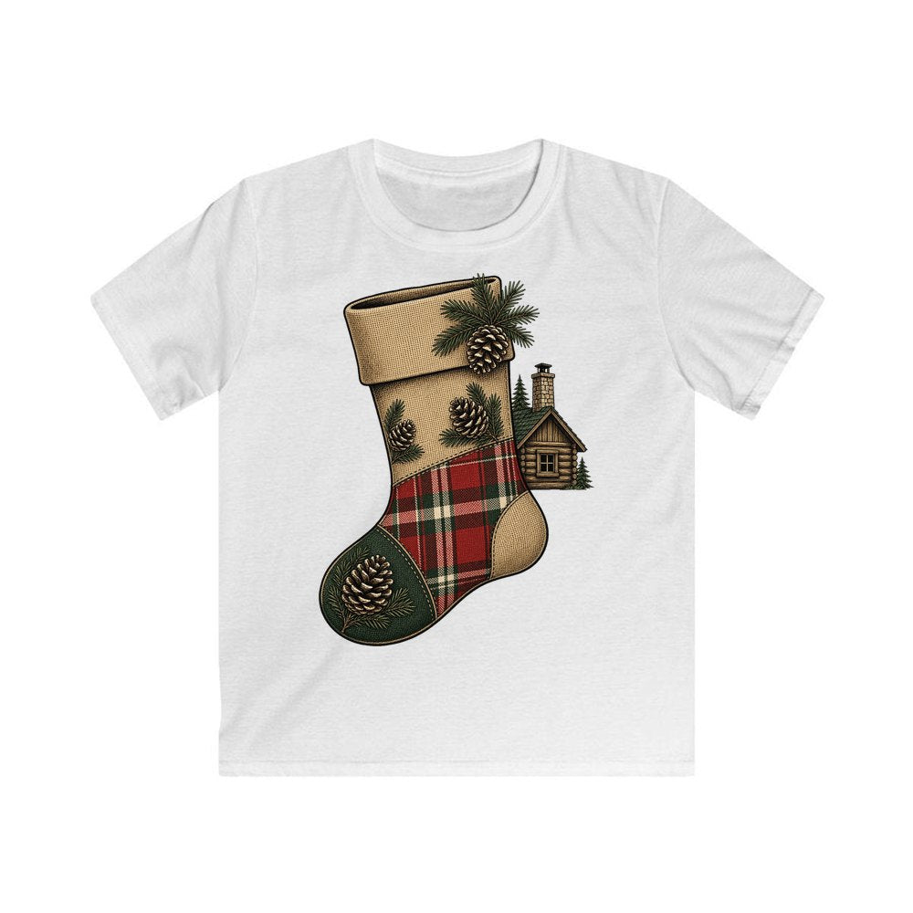Rustic Hessian Stocking personalised kids Christmas tee in white