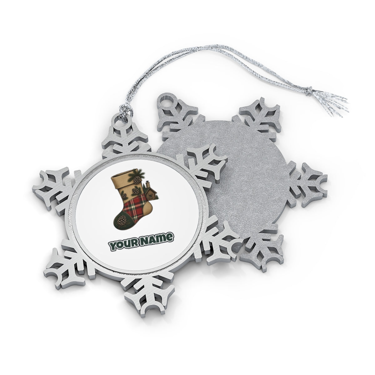 Rustic Hessian Stocking Personalised Pewter Christmas Ornament