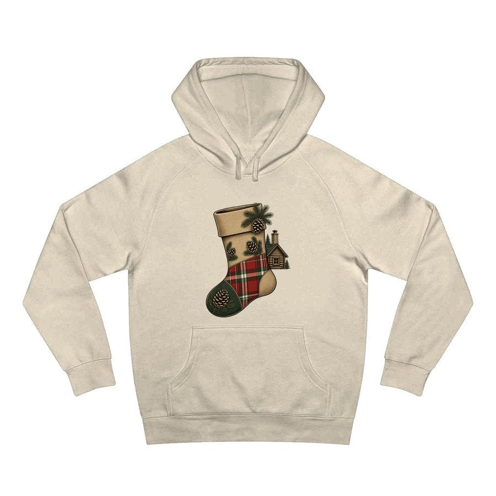 Rustic Hessian Stocking personalised Christmas hoodie in sand