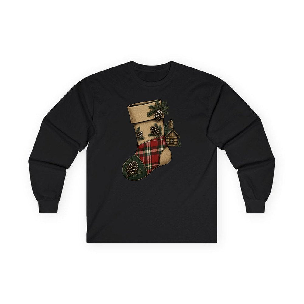 Rustic Hessian Stocking personalised long sleeve Christmas T-shirt in black