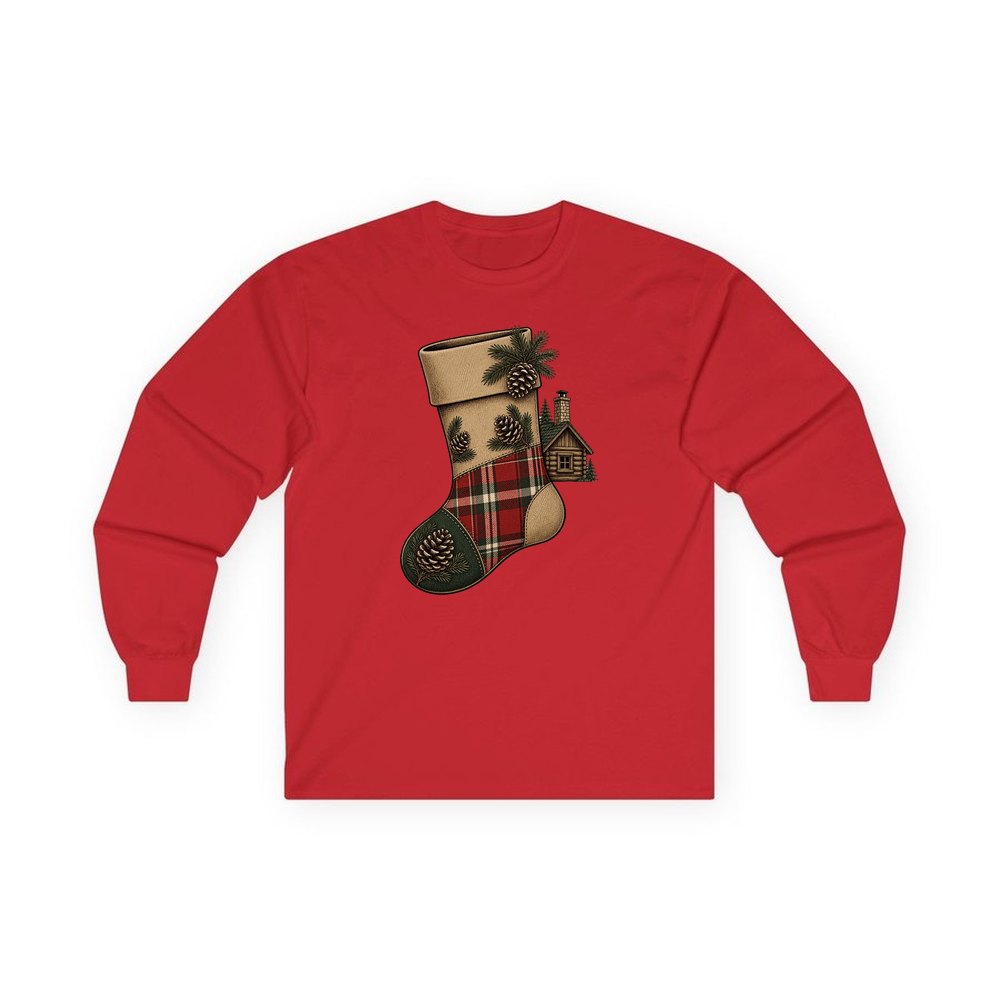 Rustic Hessian Stocking personalised long sleeve Christmas T-shirt in red