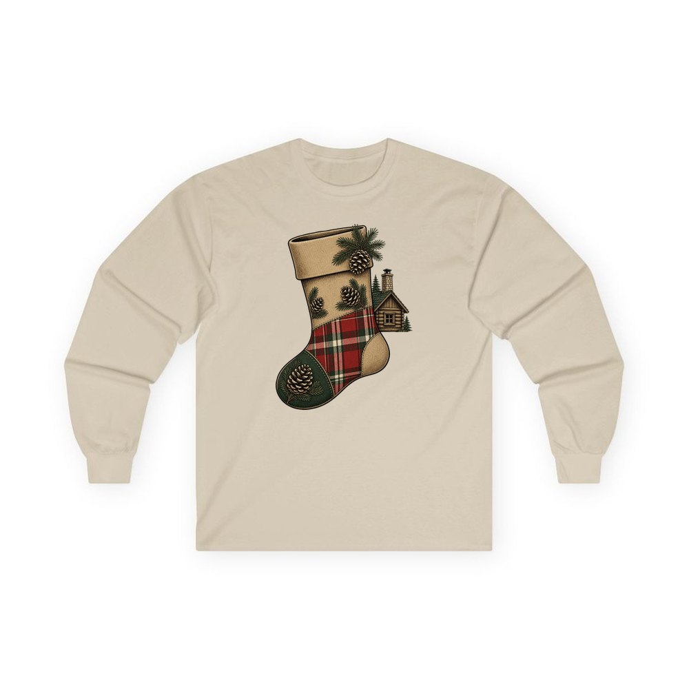 Rustic Hessian Stocking personalised long sleeve Christmas T-shirt in sand