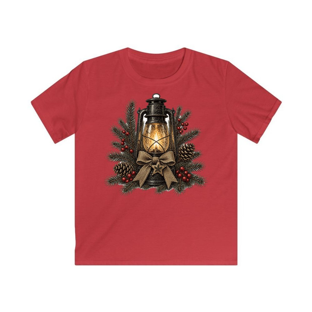 Rustic Lantern With Hessian Bow personalised kids Christmas tee in red