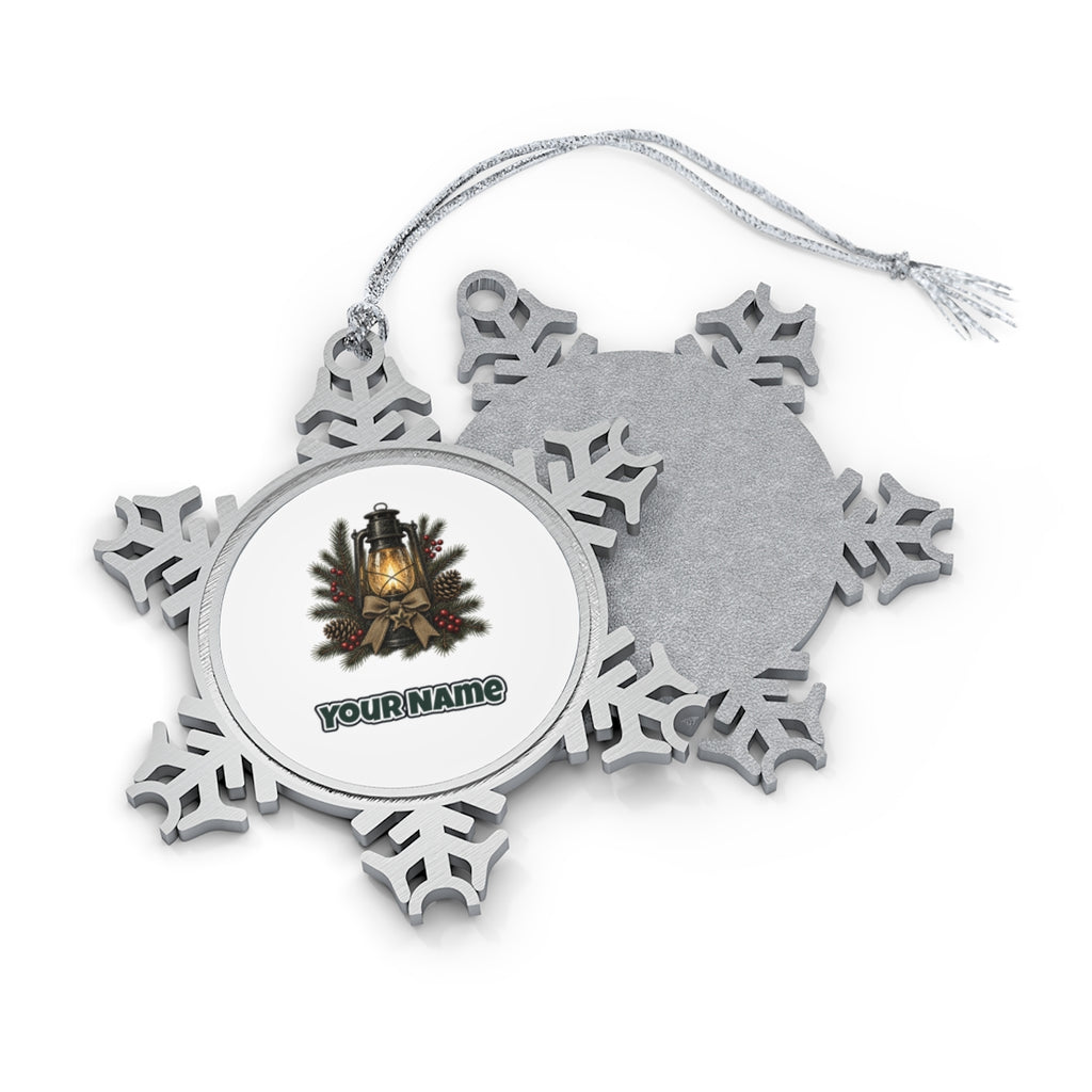 Rustic Lantern With Hessian Bow Personalised Pewter Christmas Ornament