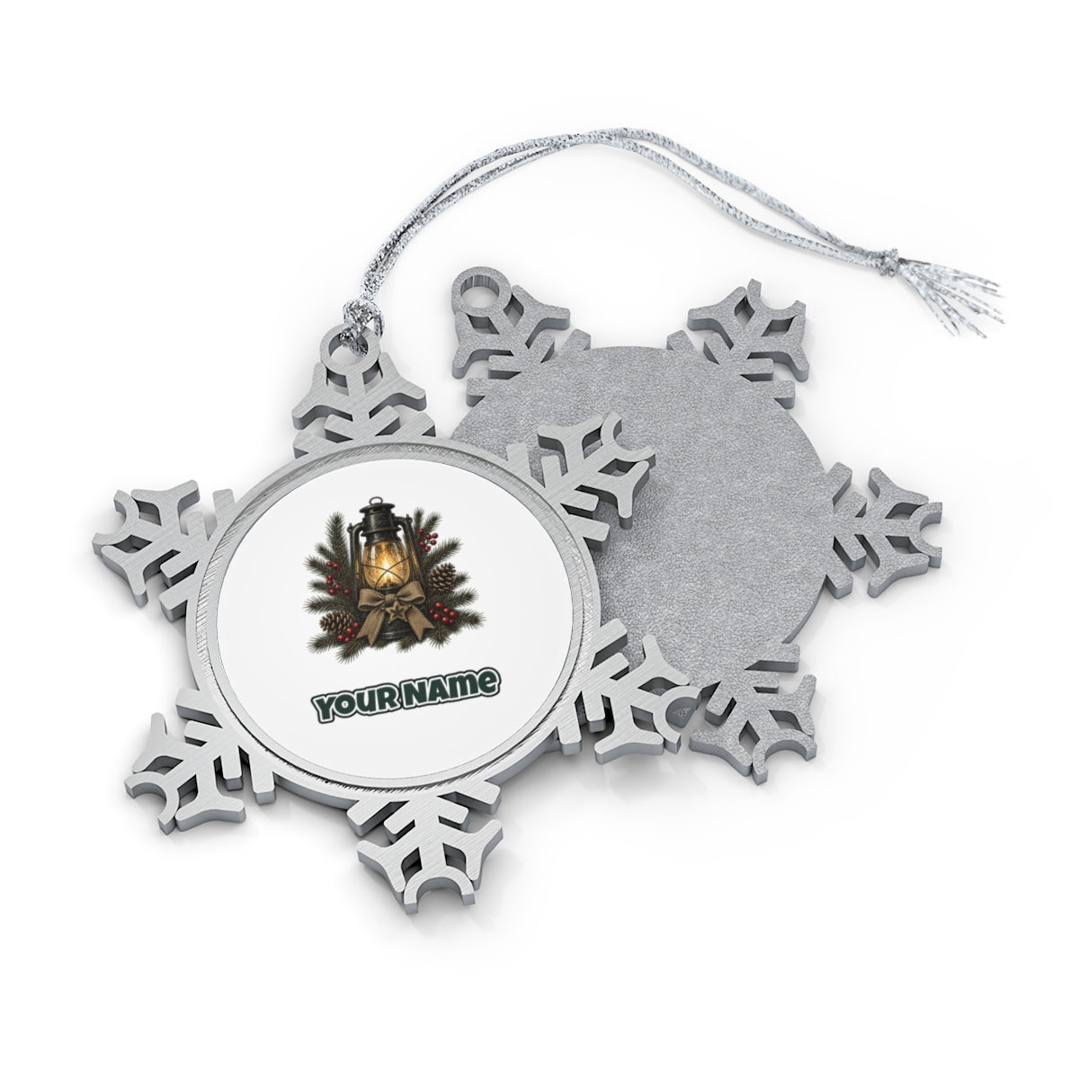 Rustic Lantern With Hessian Bow Personalised Pewter Christmas Ornament