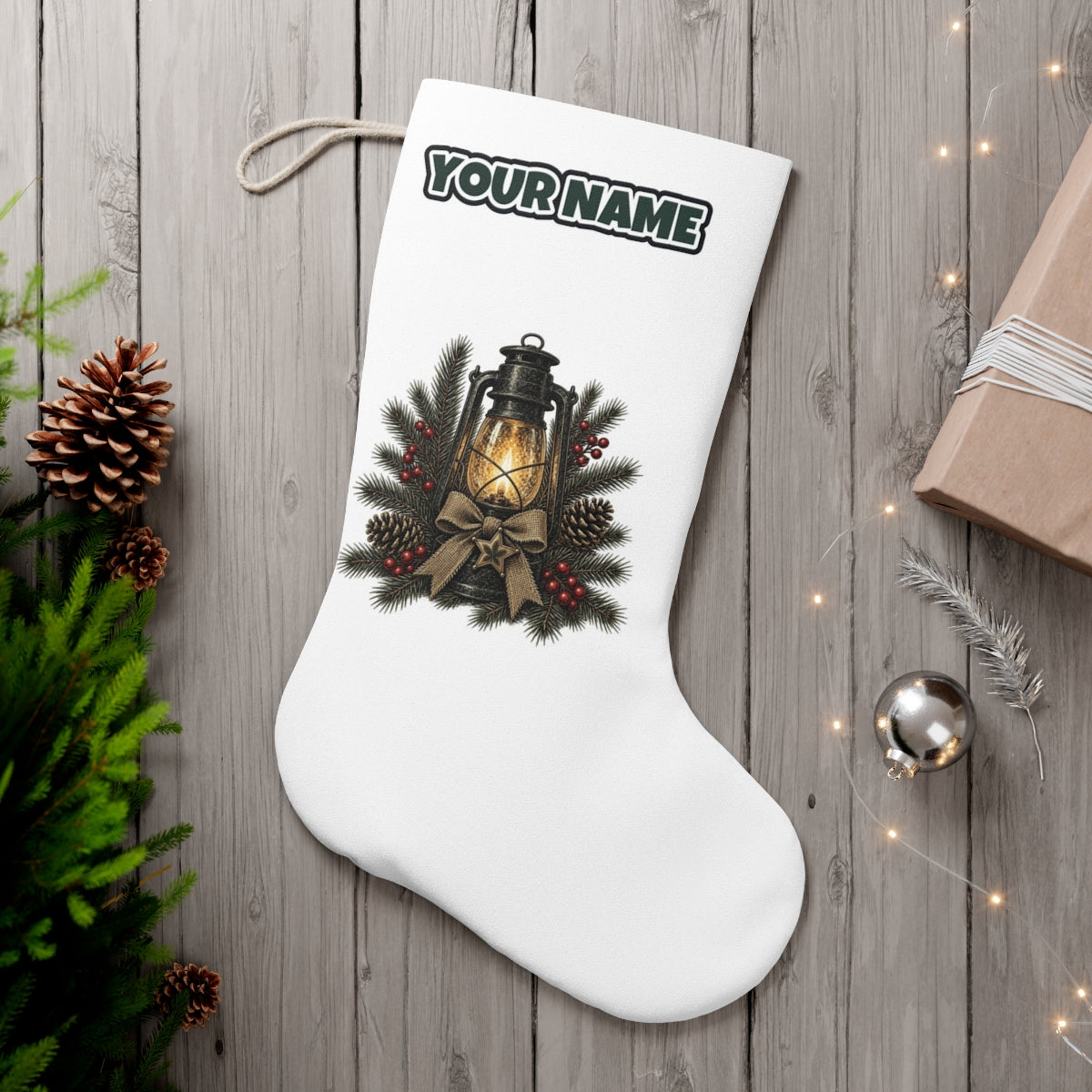 Rustic Lantern With Hessian Bow personalised Christmas stocking, white, with the name across the top