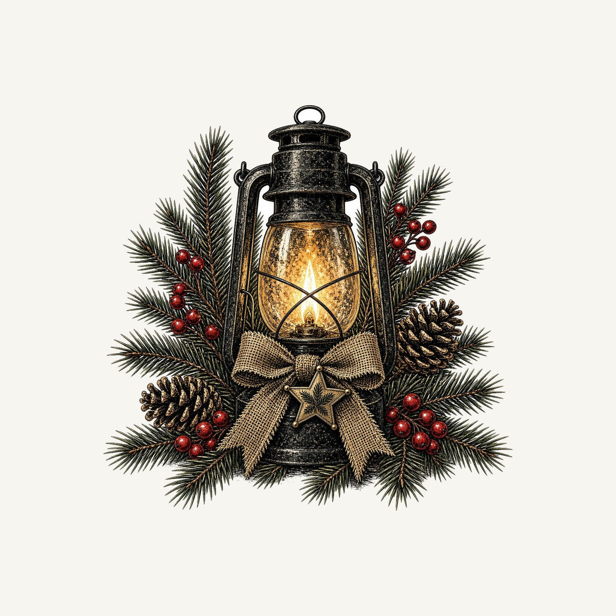 Rustic Lantern With Hessian Bow Christmas artwork, the design printed on the personalised stocking