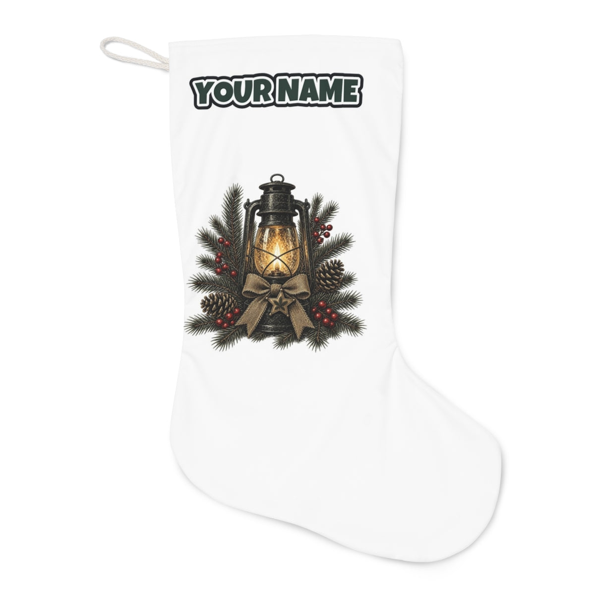 Rustic Lantern With Hessian Bow Christmas stocking laid flat, showing the full print