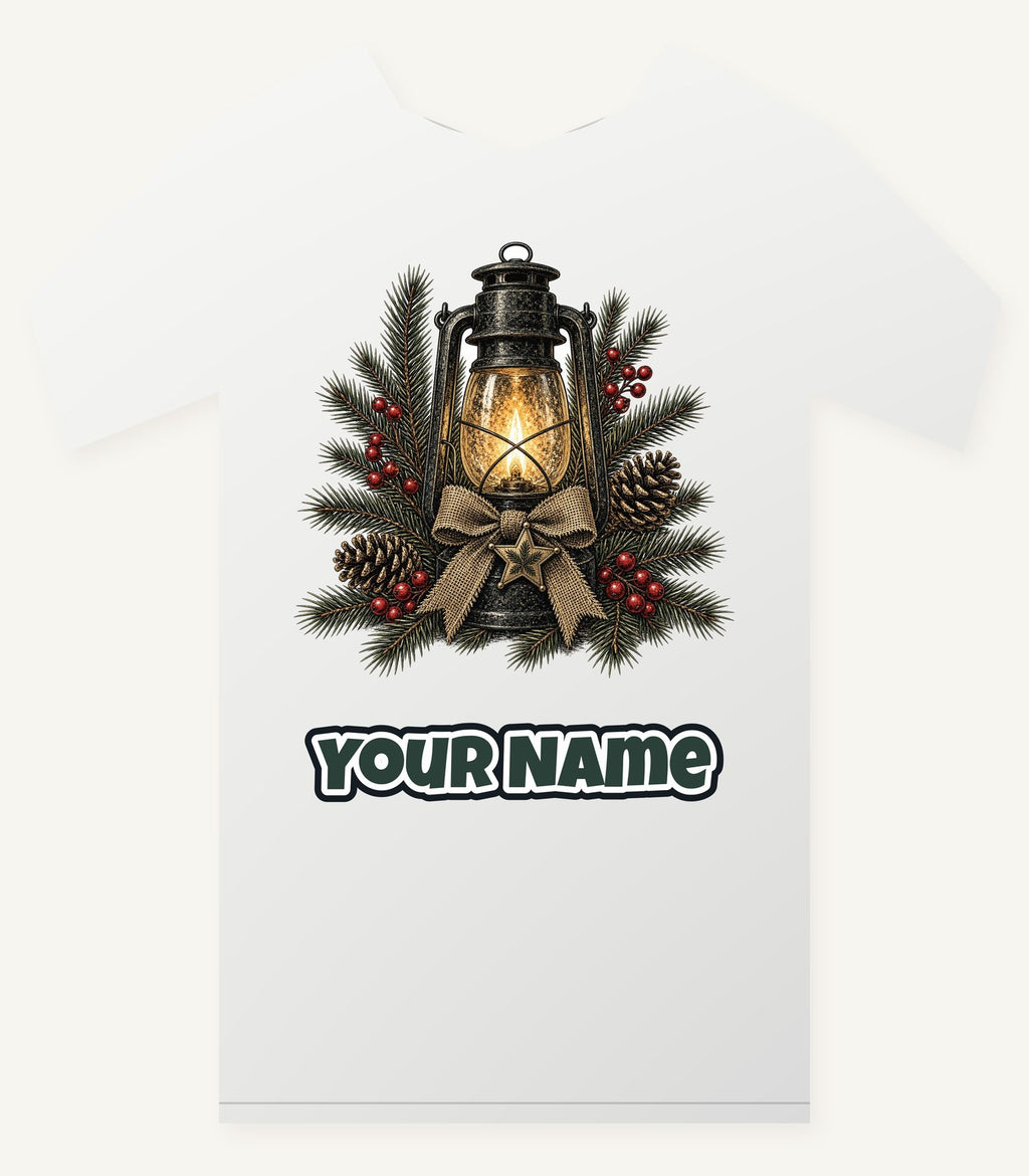 Rustic Lantern With Hessian Bow Personalised Christmas T-Shirt and Hoodie